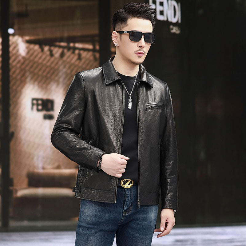 Men's leather motorcycle jacket with turn-down collar, gradient oil waxed cowhide, from Rossie Viren, styled for rugged outdoor wear.