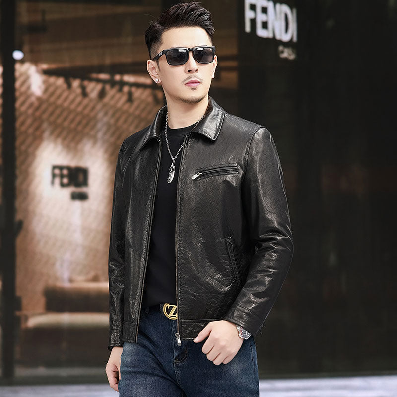 Men's leather motorcycle jacket by Rossie Viren with turn-down collar, gradient oil waxed cowhide, perfect for rugged style.