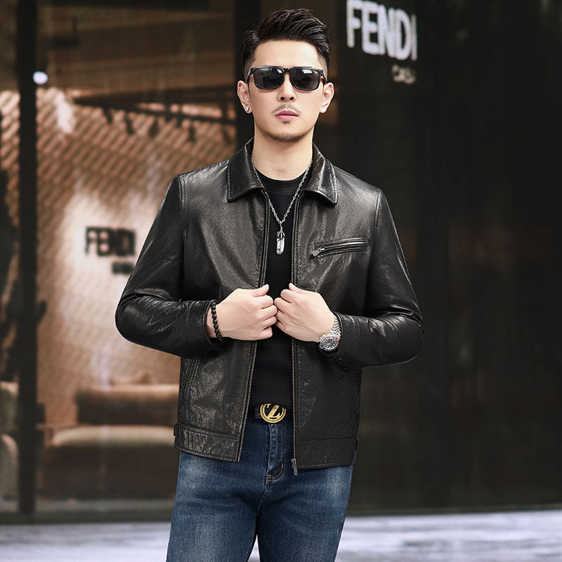 Men's leather motorcycle jacket with turn-down collar, oil waxed cowhide, gradient finish, by Rossie Viren.
