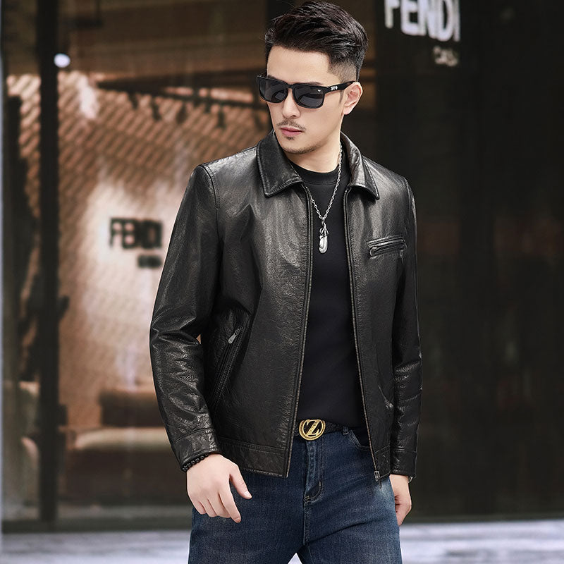 Men's leather motorcycle jacket with turn-down collar, gradient oil waxed cowhide, by Rossie Viren.