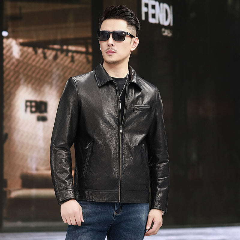 Men's leather motorcycle jacket with turn-down collar, gradient oil waxed cowhide, from Rossie Viren.