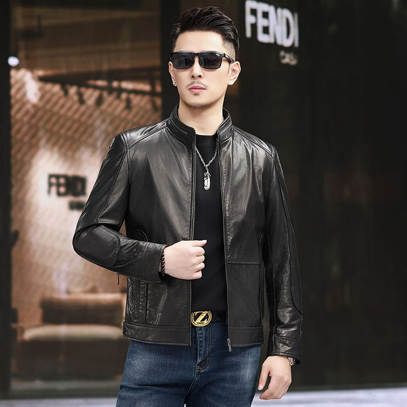 Men's black leather jacket with Nehru zip collar, short style, Rossie Viren men's fashion jacket, close-up of front design.