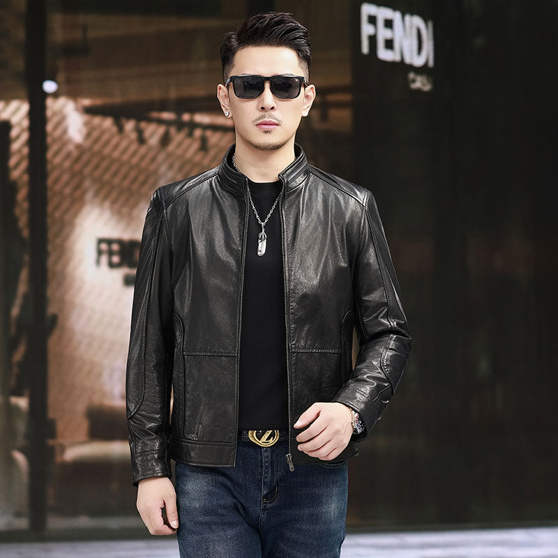 Men's black leather jacket with Nehru zip collar, short style by Rossie Viren, showcasing the sleek, stylish design.
