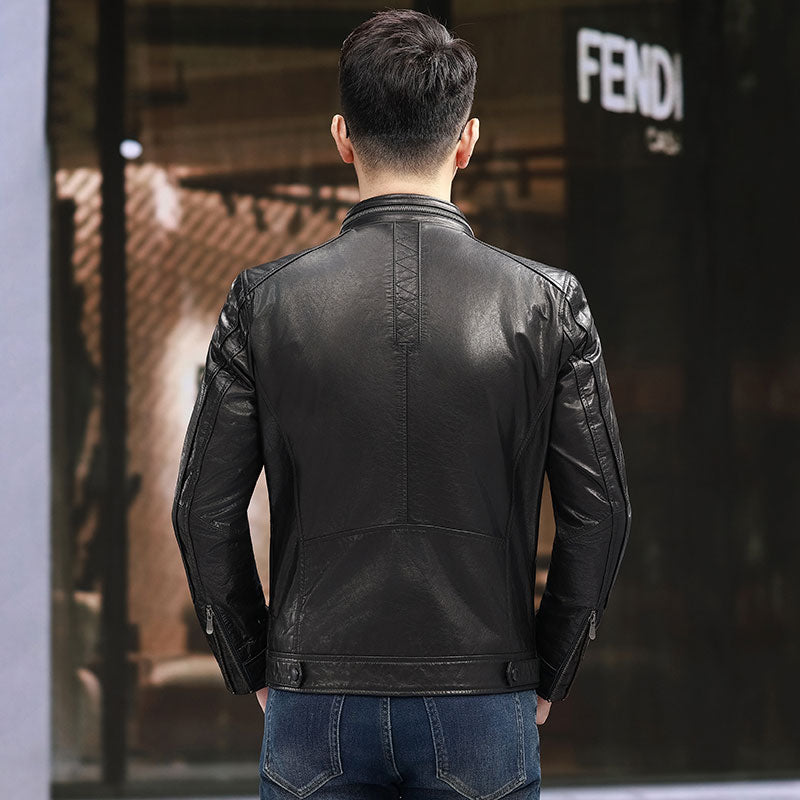 Men's leather jacket with Nehru zip collar by Rossie Viren, stylish short jacket for men's fashion, shown in black leather.