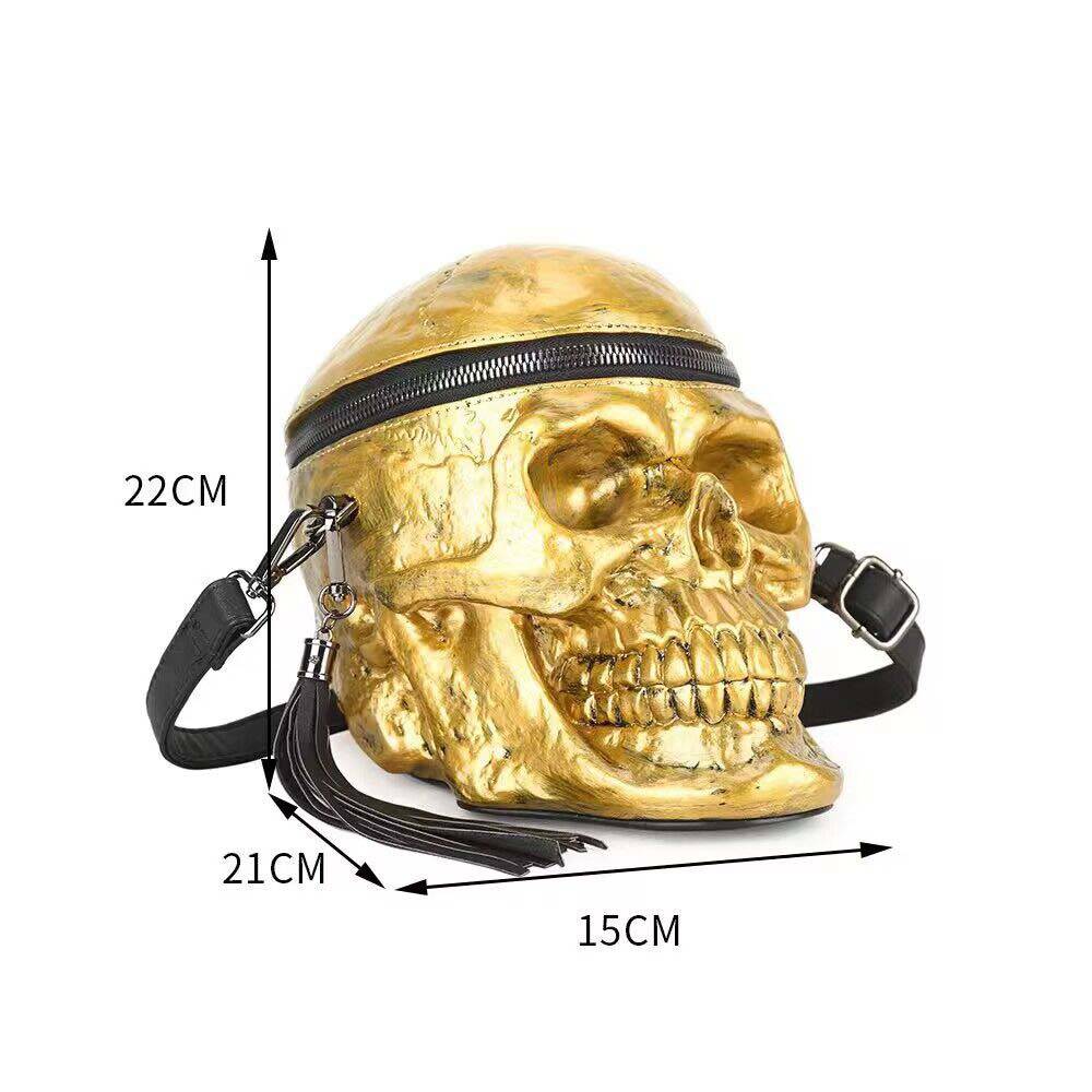 Rossie Viren 3D gold skull handle shoulder bag with mini size and crossbody strap, featuring a stylish and unique design.