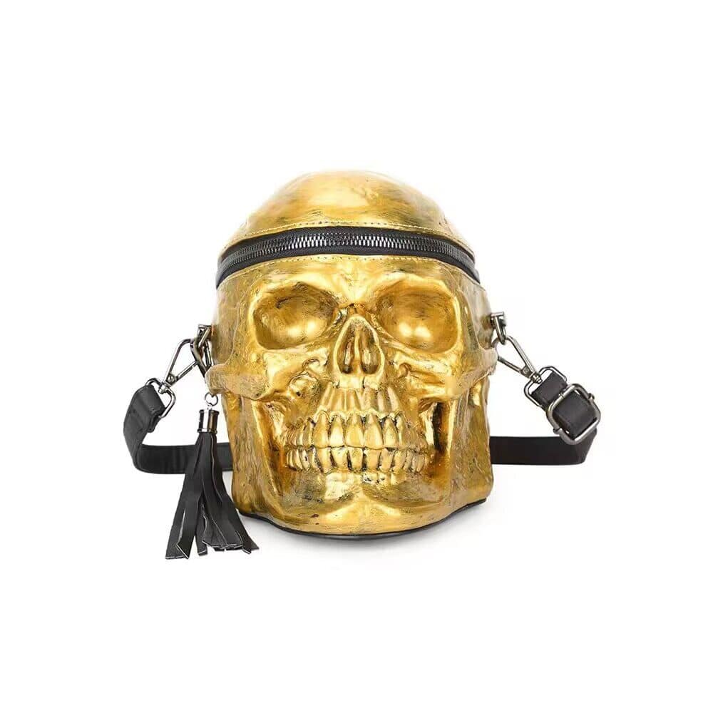 Rossie Viren 3D gold skull cross body handle bag with mini size and shoulder strap, featuring detailed skull design.