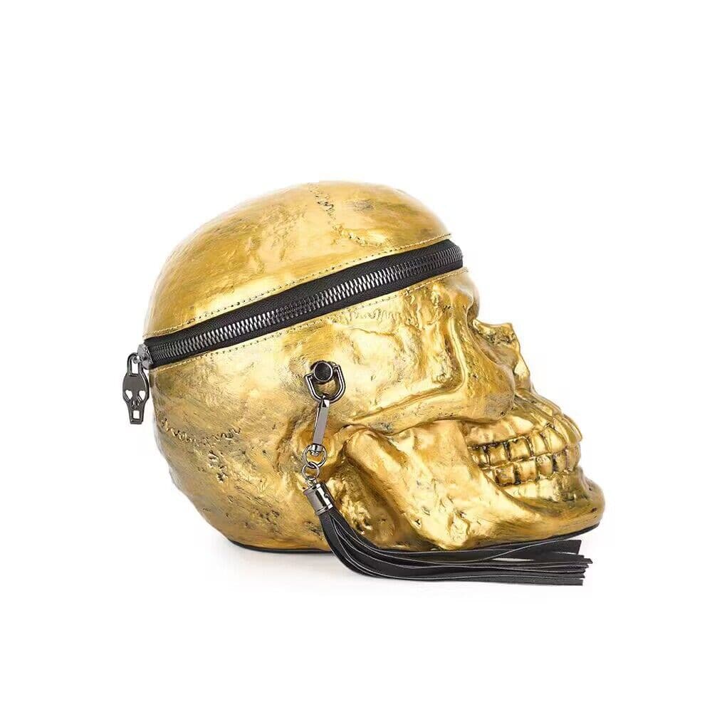 Rossie Viren 3D Gold Skull cross body shoulder bag with mini handle, featuring detailed skull design and compact handle style.