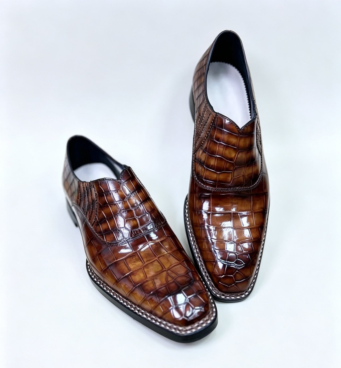 Crocodile Shoes, Men's Vintage Brown Crocodile Leather Loafer Slip-On Shoes