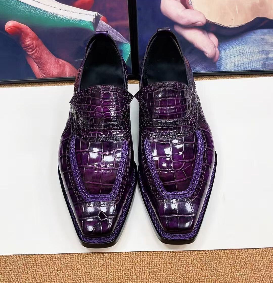Crocodile Shoes,  Vintage Brown Crocodile Leather Norwegian Sewn Dress Loafer Shoes