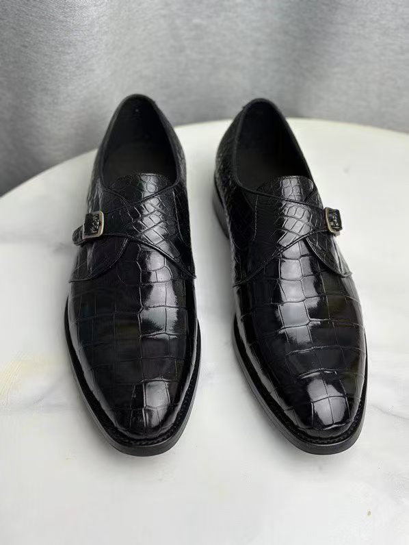 Crocodile Monk Strap Slip-On Loafer Buesiness Dress Shoes Black