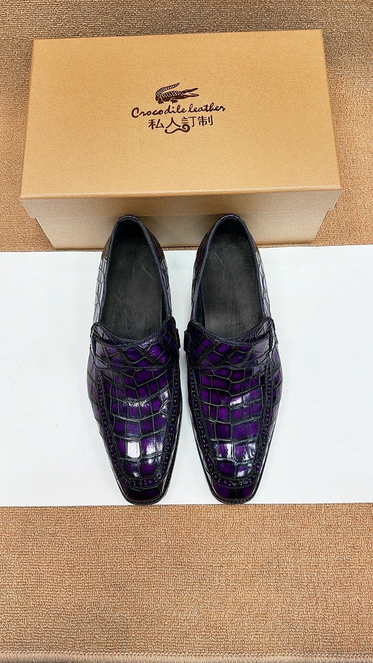 Men's Crocodile Leather Slip-On Business Shoes Vintage Purple