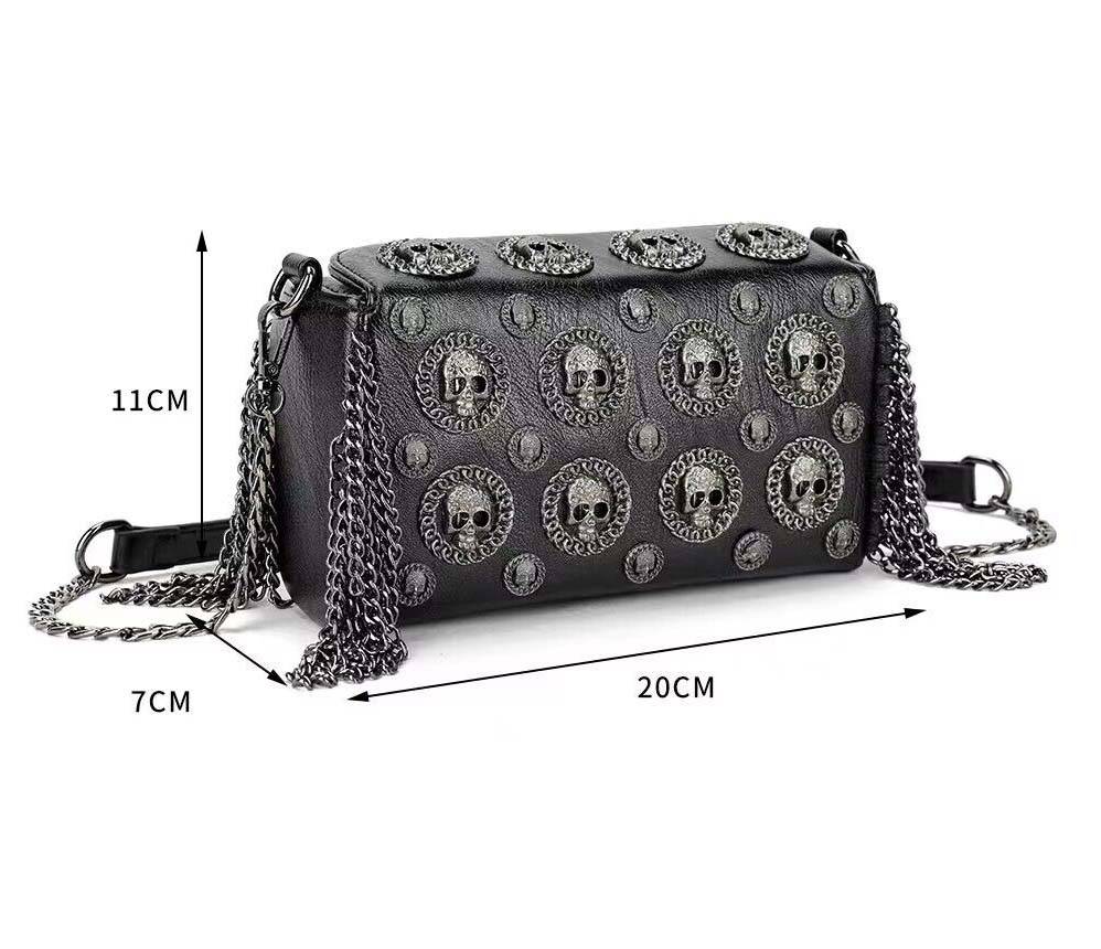 Rossie Viren 3D skull shoulder bag with studded chain strap, featuring bold skull design and edgy fashion style.