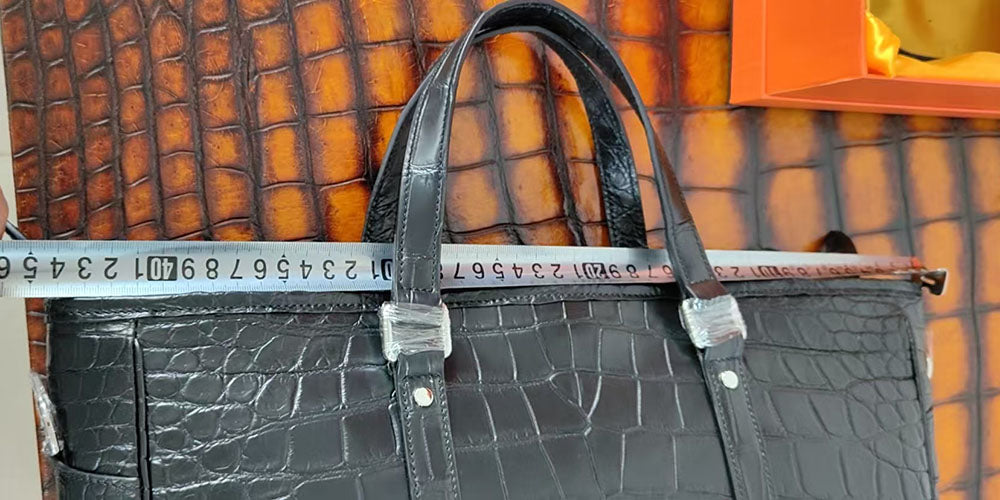 Unisex crocodile leather briefcase tote bag by Rossie Viren, large handbag with sturdy handles and textured crocodile pattern.