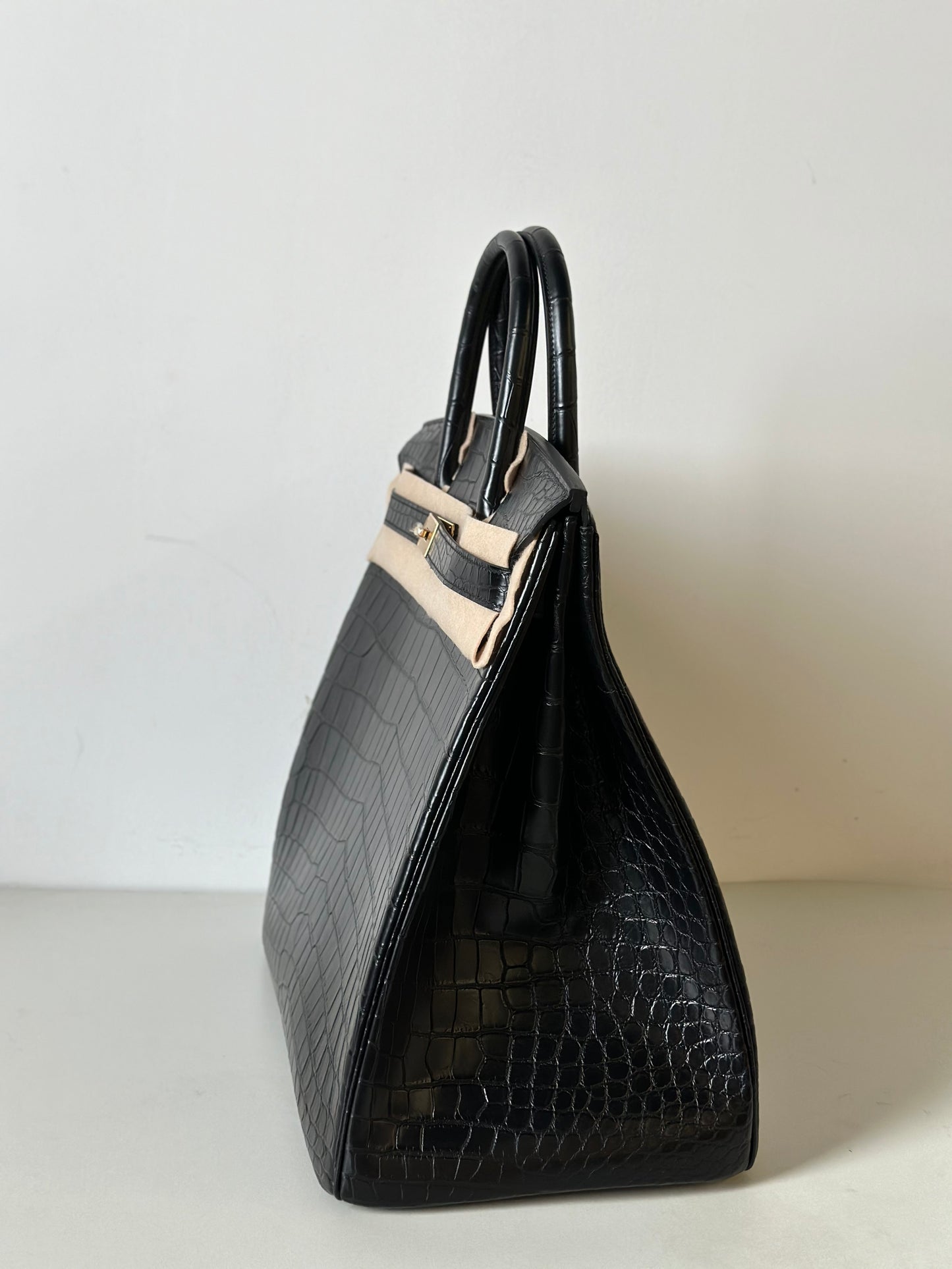 Black Rossie Viren crocodile skin leather handbag with oversized 40cm padlock tote design for office and everyday use.