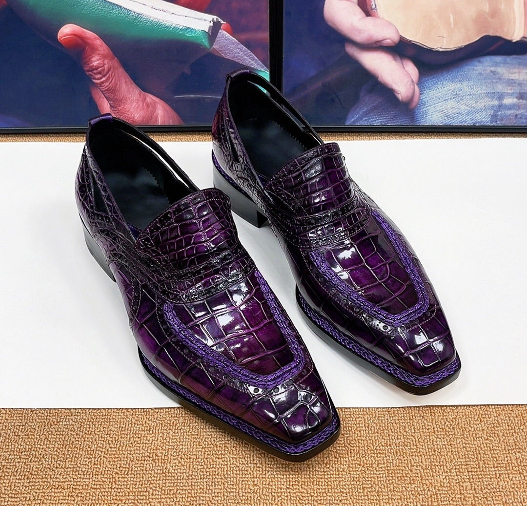 Crocodile Shoes,  Vintage Brown Crocodile Leather Norwegian Sewn Dress Loafer Shoes