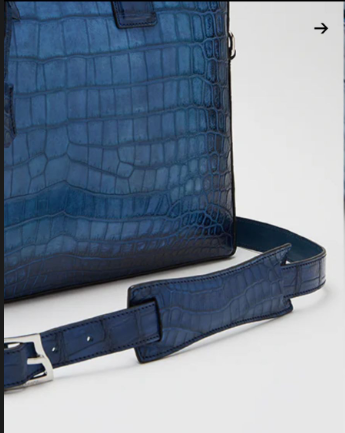 Dark blue Rossie Viren crocodile leather briefcase with a structured handbag design and genuine crocodile belly leather.