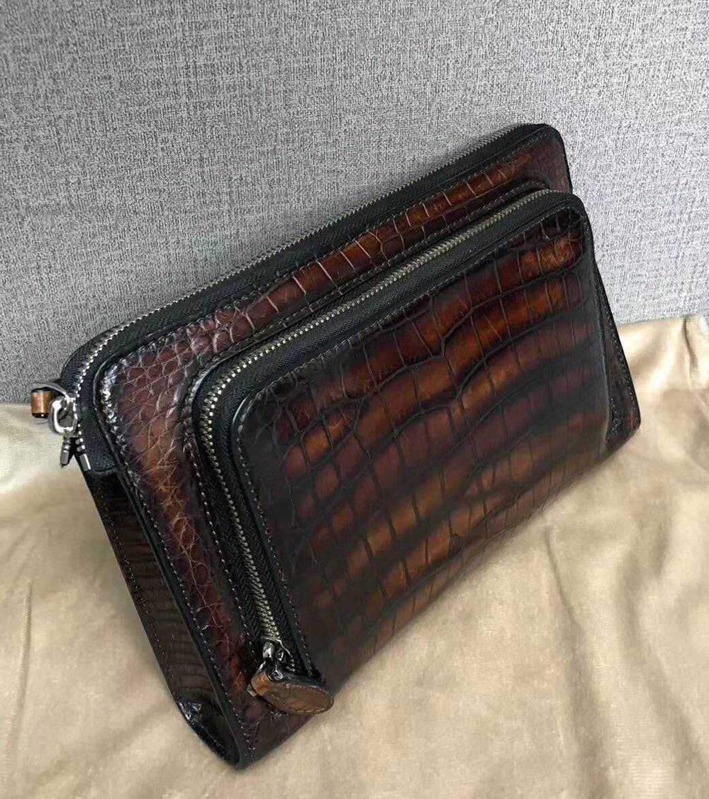 Vintage Brown Genuine Crocodile Skin Leather Wrist Handle Clutch Wallet  Bag