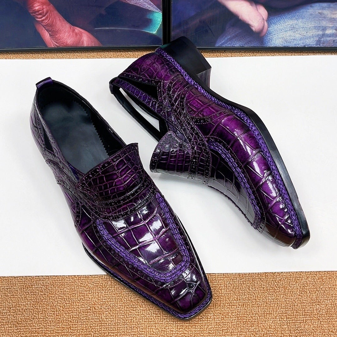 Crocodile Shoes,  Vintage Brown Crocodile Leather Norwegian Sewn Dress Loafer Shoes