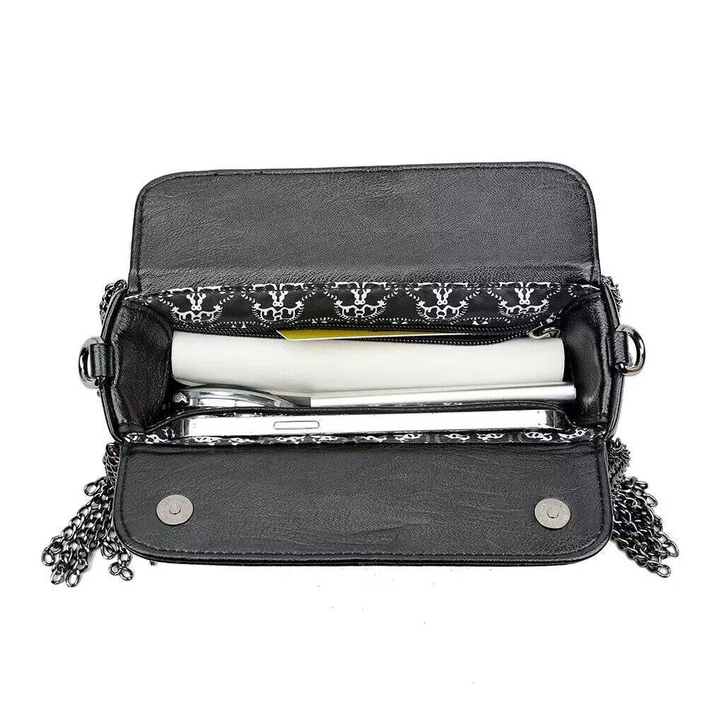 Rossie Viren 3D skull shoulder bag with studded chain details, featuring a stylish and edgy design for fashion-forward looks.