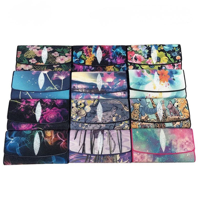Genuine stingray tri-fold women's wallet by Rossie Viren with floral design, featuring multiple card slots and a sleek finish.