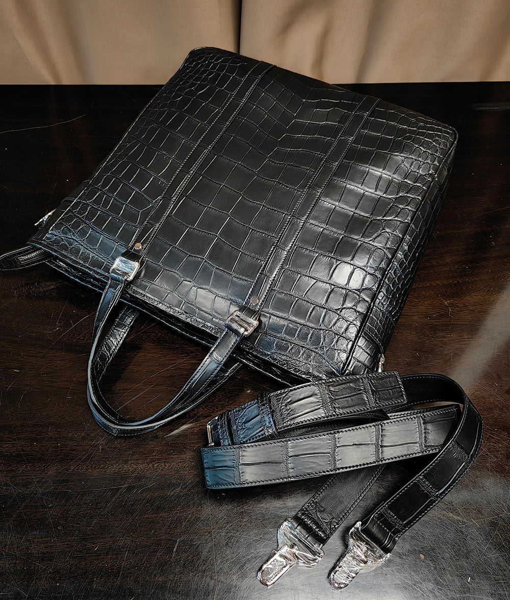 Unisex crocodile leather briefcase tote bag by Rossie Viren, large handbag with sturdy handles and textured crocodile pattern.