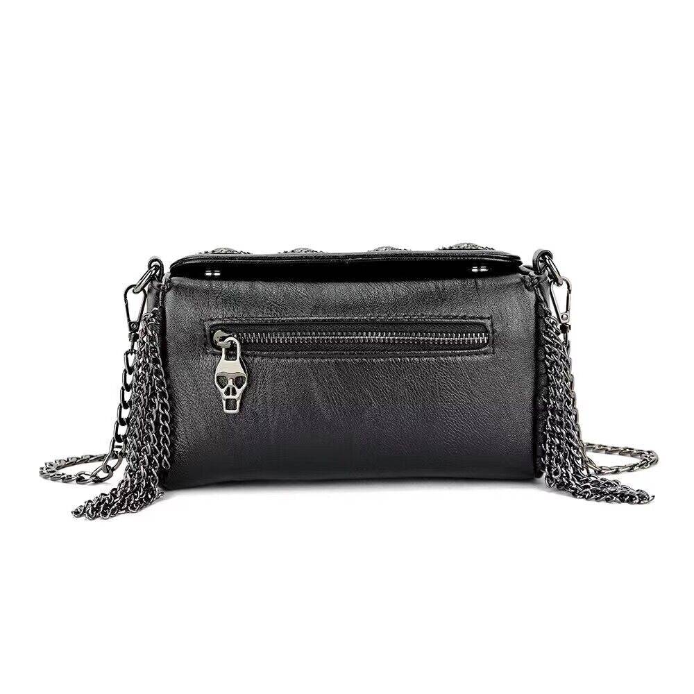 Rossie Viren 3D Skull Bag with studded chain shoulder strap, stylish fashion accessory featuring a bold skull design.