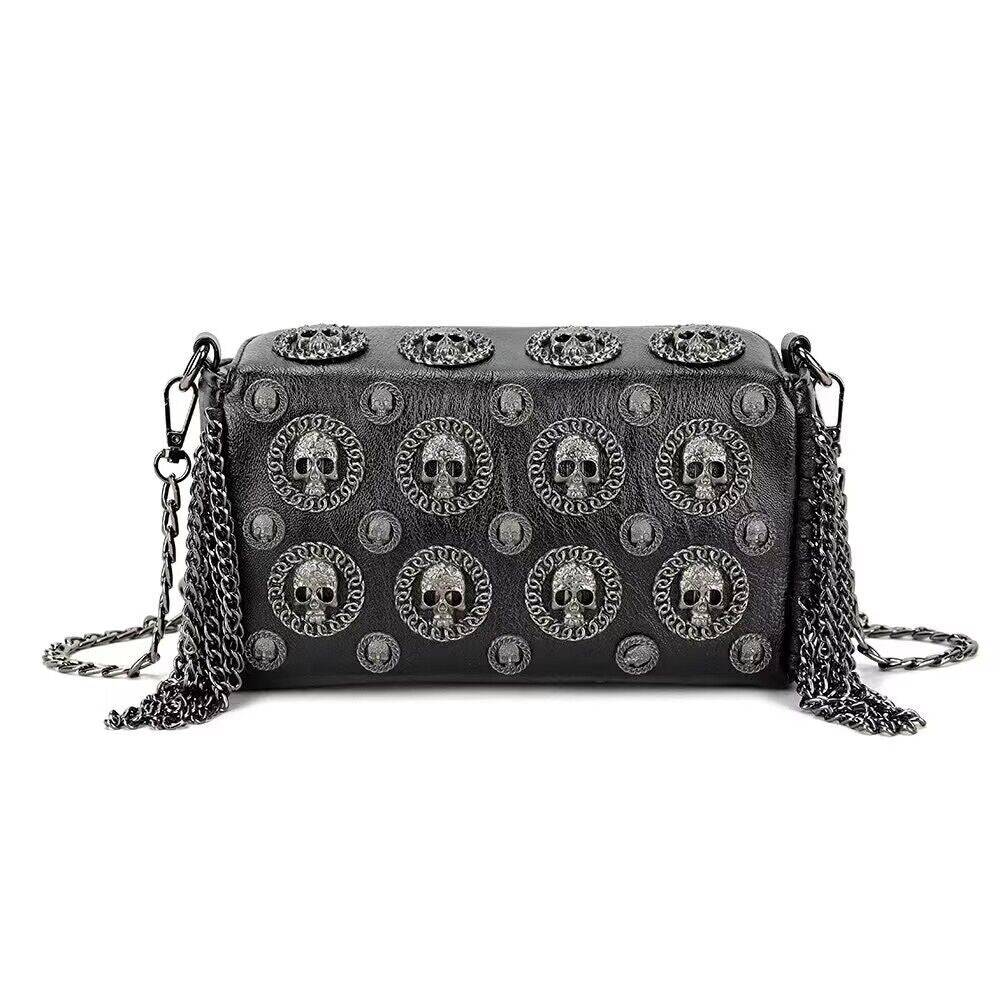 Rossie Viren 3D skull studded chain shoulder bag with metallic accents and adjustable strap, stylish accessory for casual or edgy looks.