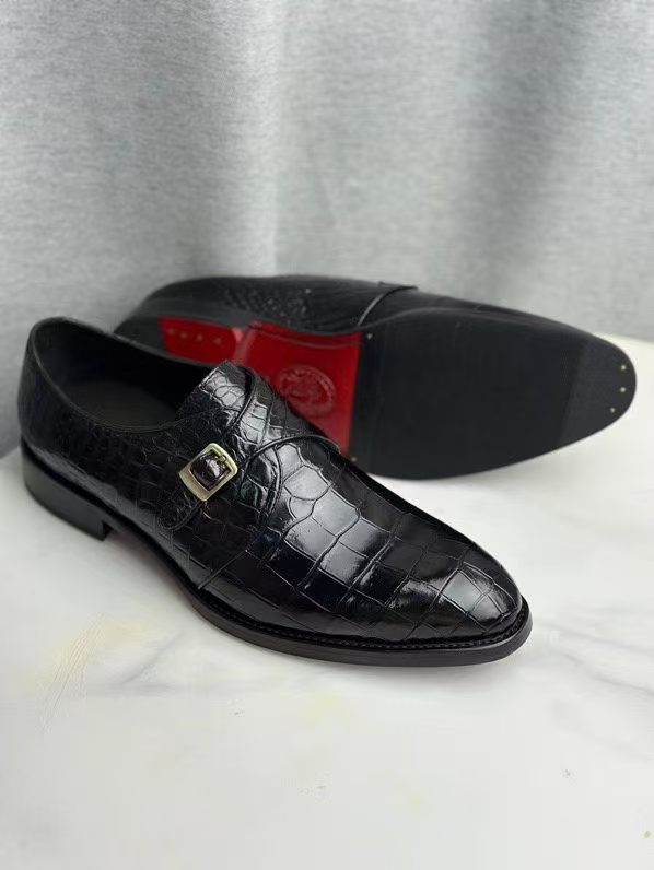 Crocodile Monk Strap Slip-On Loafer Buesiness Dress Shoes Black