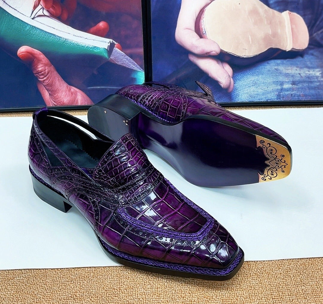 Crocodile Shoes,  Vintage Brown Crocodile Leather Norwegian Sewn Dress Loafer Shoes