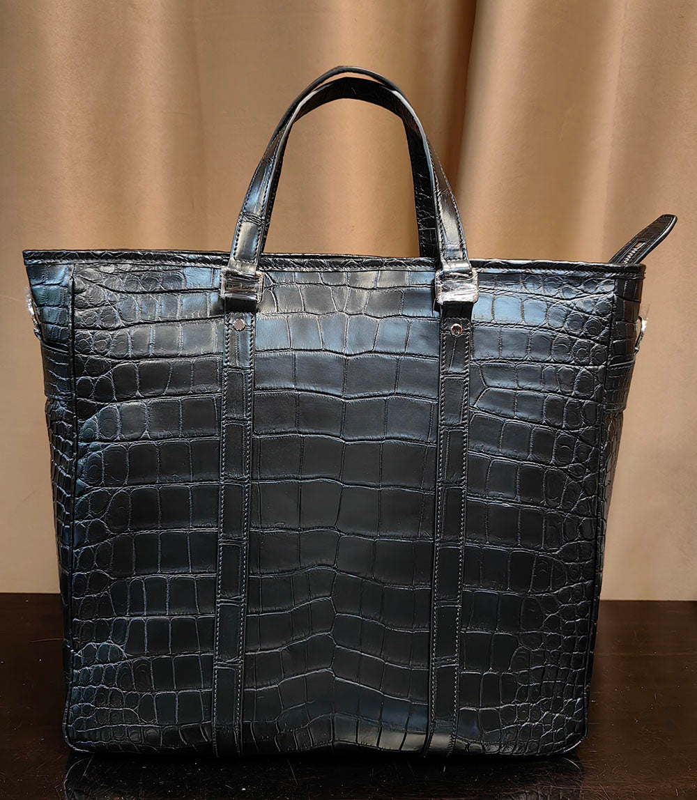 Unisex crocodile leather tote bag by Rossie Viren, large handbag with sleek design and sturdy handles, ideal for professional use.