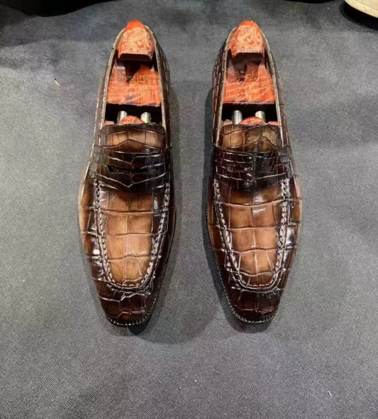 Crocodile Shoes, Men's Vintage Brown Crocodile Leather  Shoes
