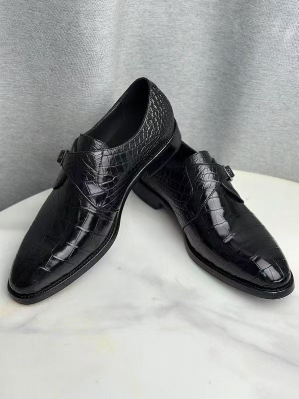 Crocodile Monk Strap Slip-On Loafer Buesiness Dress Shoes Black