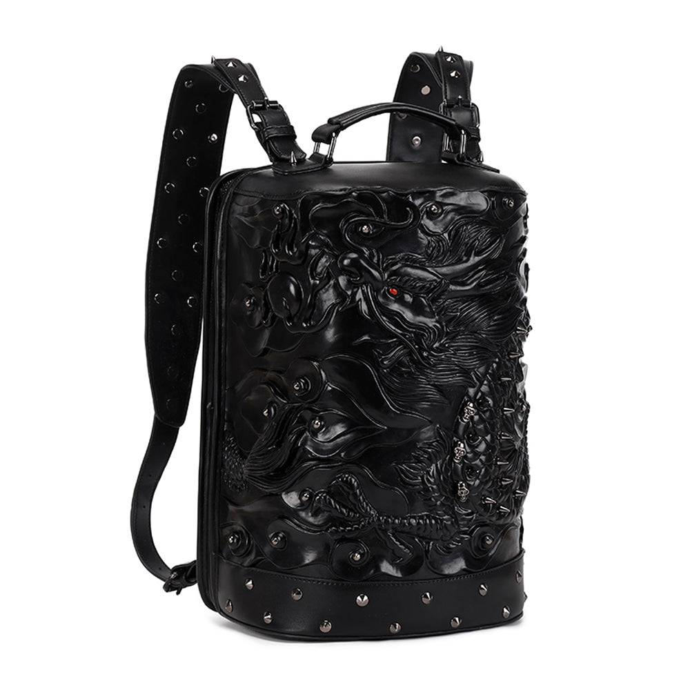 Rossie Viren 3D Double Hovering Dragon messenger backpack, cylinder-style fashion bag with detailed dragon design.