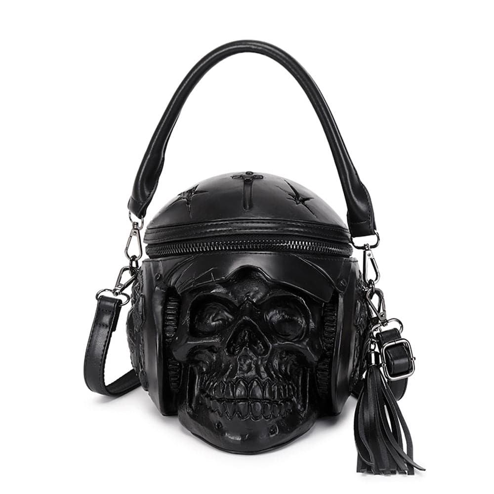 Rossie Viren 3D Skull cross body bag with helmet and earphone design, featuring a handle and shoulder strap for stylish carrying.