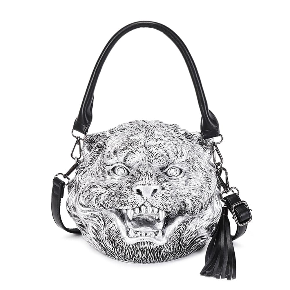 Rossie Viren 3D Happy tiger face cross body bag with square shape, small size, handle, and shoulder strap for fashion and convenience.