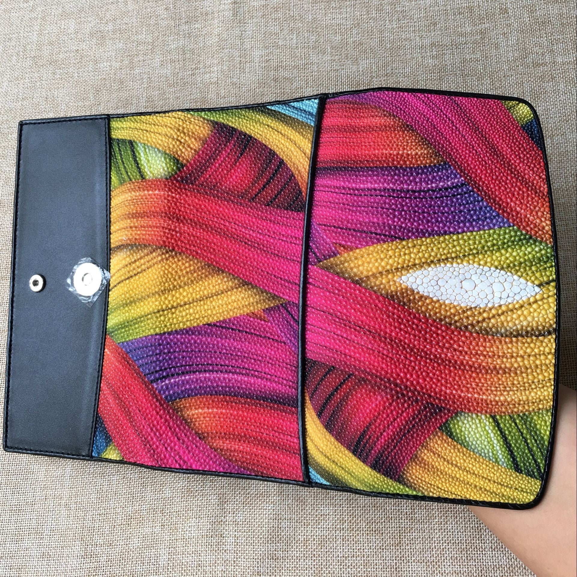 Genuine stingray TriFold wallet for women with floral design by Rossie Viren, featuring multiple card slots and a sleek finish.