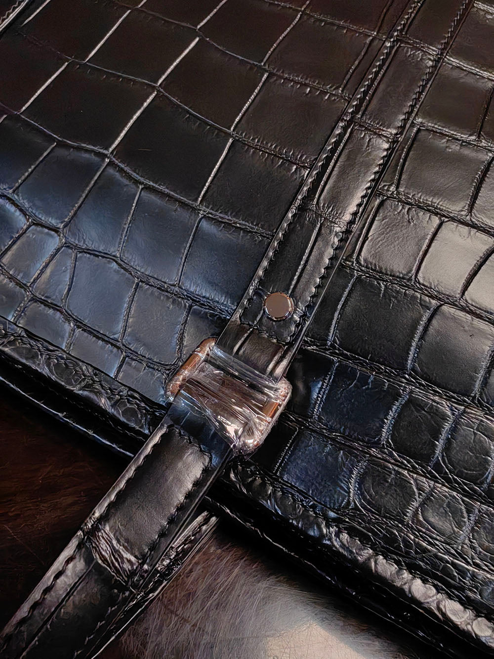 Unisex crocodile leather briefcase tote bag by Rossie Viren, large handbag with structured design and top handles.