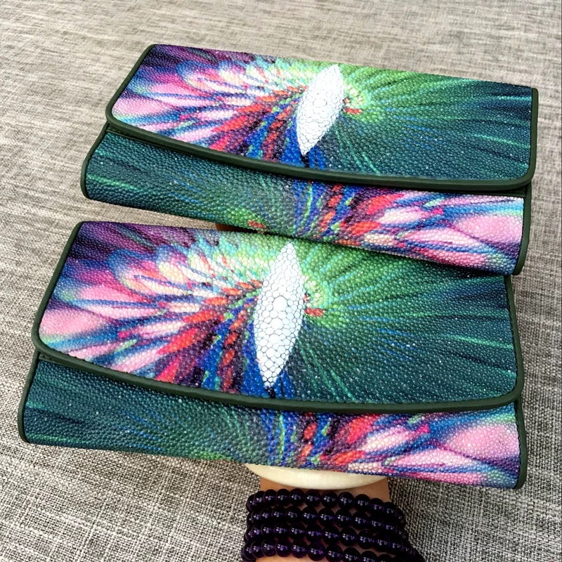 Genuine stingray TriFold wallet for women by Rossie Viren with floral design, showcasing textured stingray leather and multiple card slots.