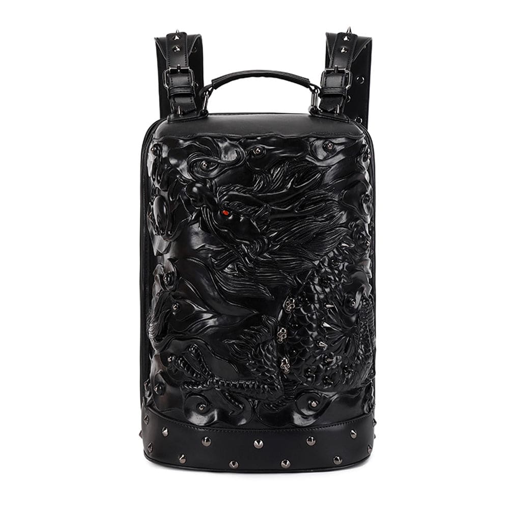 Rossie Viren 3D Double Hovering Dragon messenger backpack with cylindrical design, featuring detailed dragon graphics on the front.