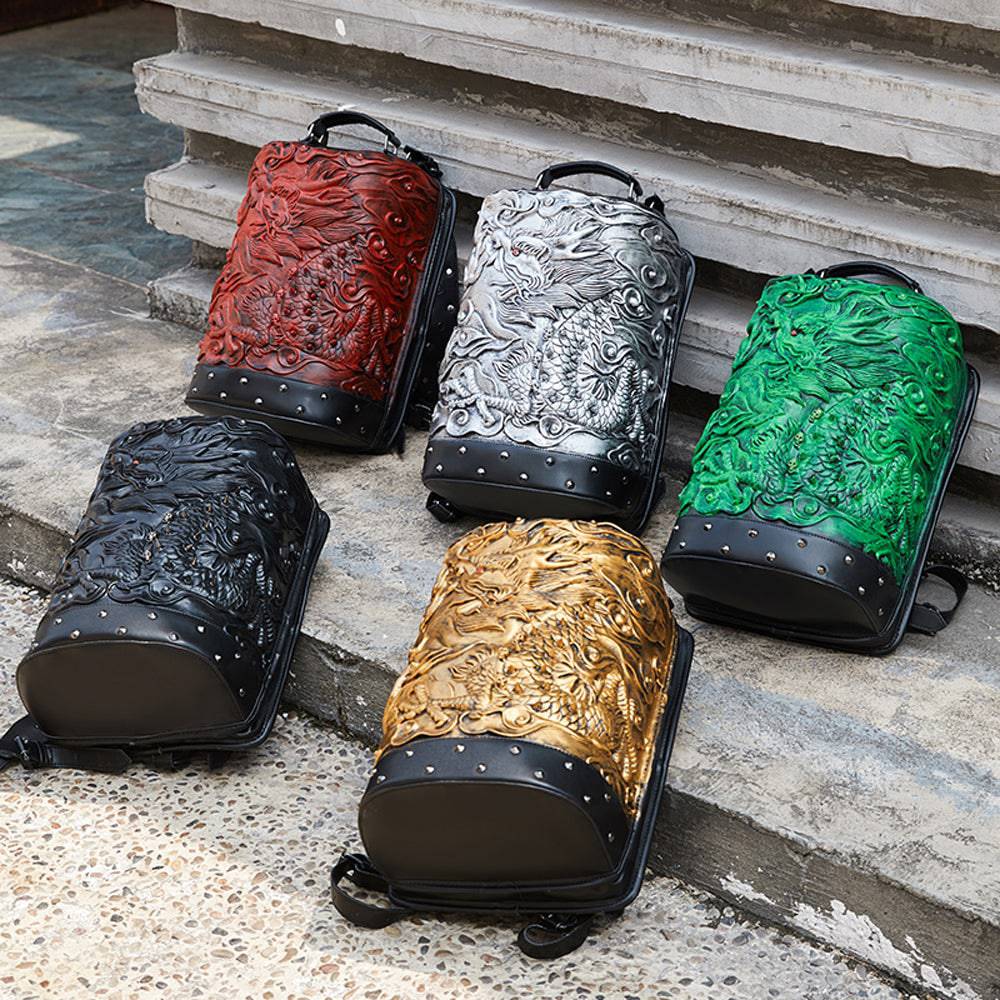 Rossie Viren 3D double hovering dragon messenger bag featuring a cylindrical design with detailed dragon artwork on the front.