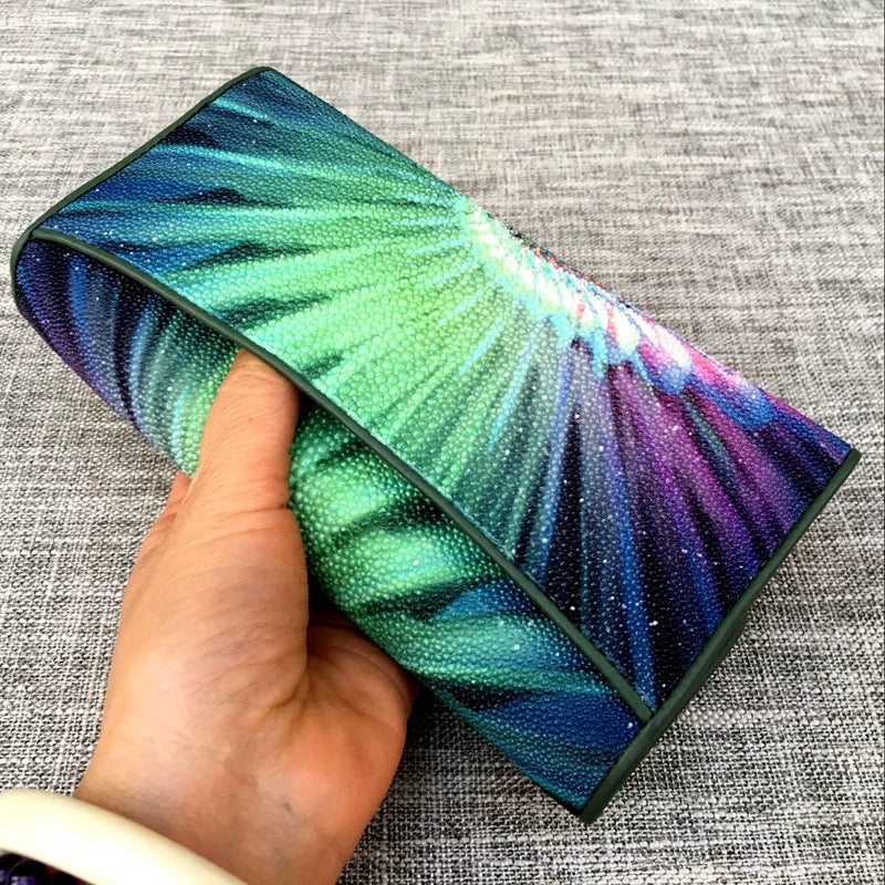 Genuine stingray TriFold wallet with floral design for women by Rossie Viren, featuring textured stingray material and colorful floral accents.