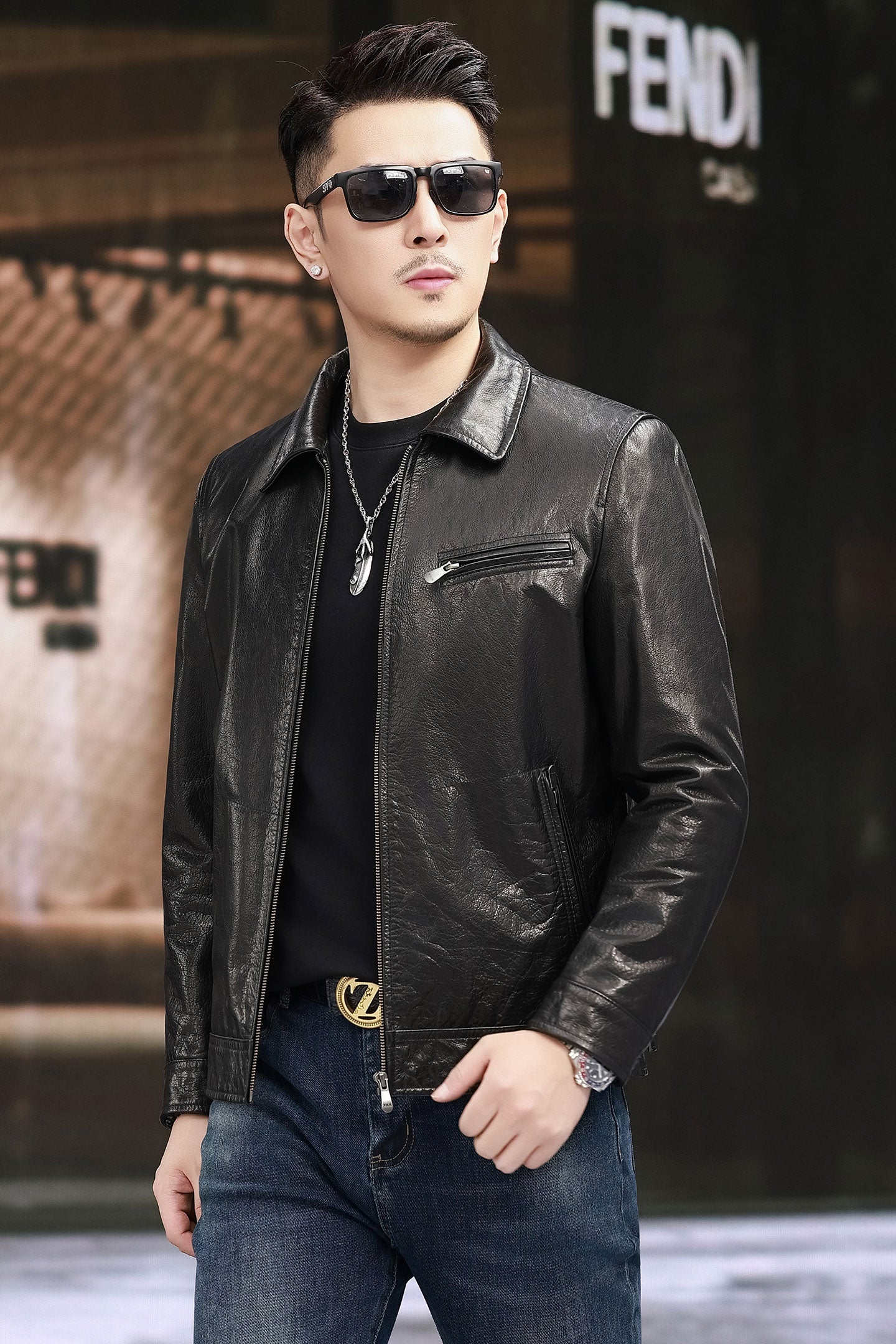 Men's leather motorcycle jacket with turn-down collar, gradient oil waxed cowhide, by Rossie Viren, featuring rugged style and texture.