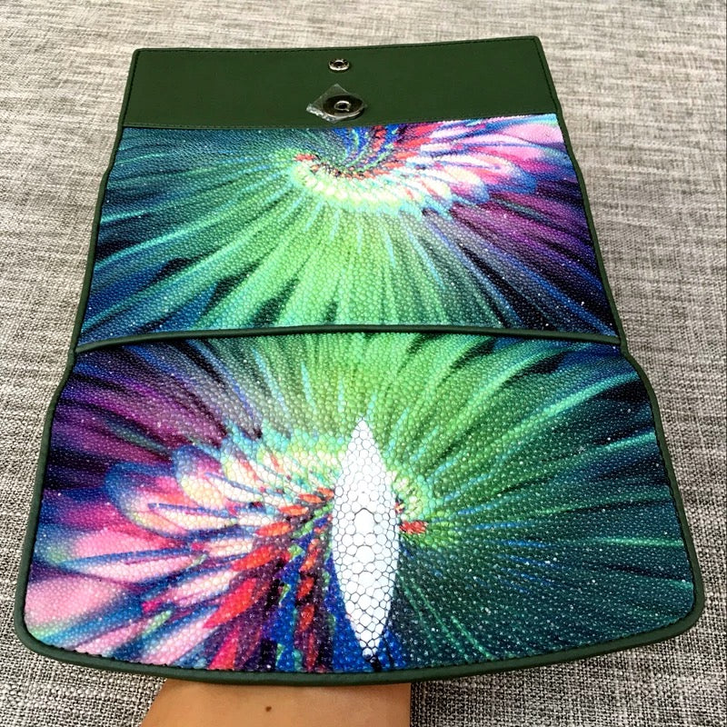 Genuine stingray TriFold wallet with floral design for women by Rossie Viren, showing textured stingray leather and colorful floral pattern.
