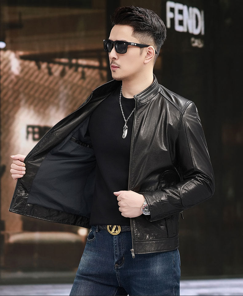 Men's black leather jacket with zip collar and short design by Rossie Viren, featuring a sleek, stylish Nehru collar for men's fashion.