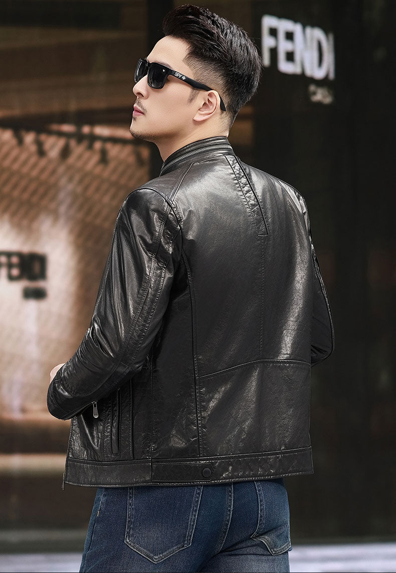 Men's black leather jacket by Rossie Viren with a Nehru zip collar, short style, stylish men's fashion jacket displayed on a model.