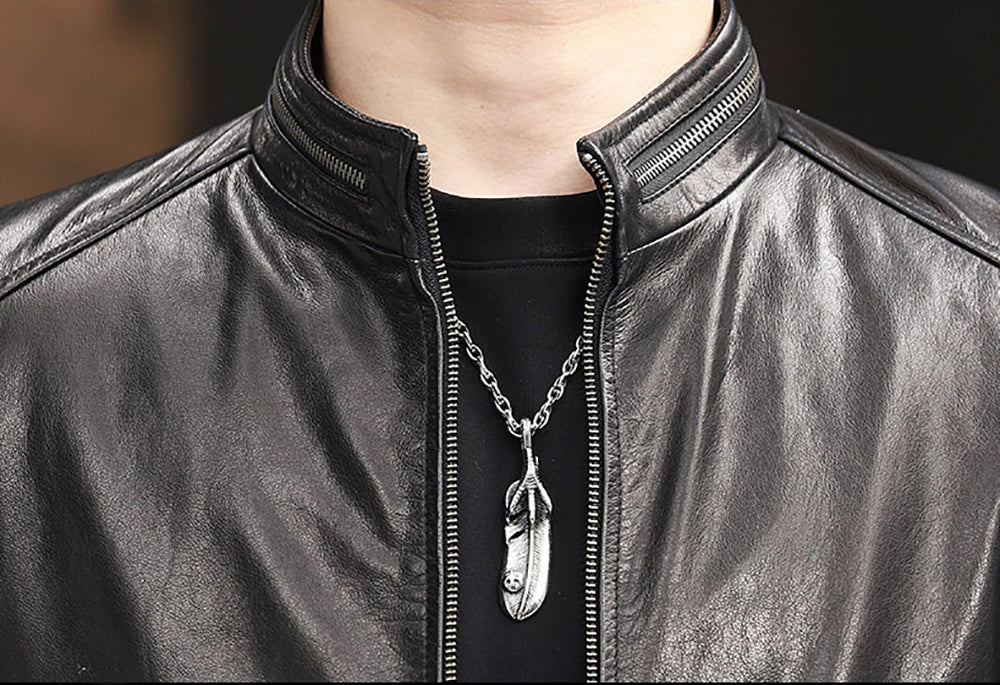Men's leather jacket with Nehru zip collar, short style by Rossie Viren, showcasing a stylish men's fashion jacket.