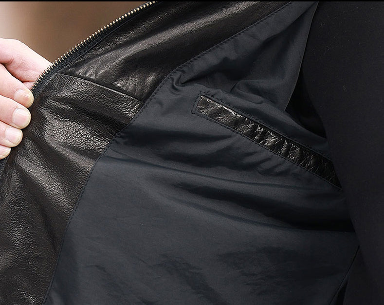 Men's black leather jacket by Rossie Viren with Nehru zip collar, short stylish design, perfect for men's fashion.