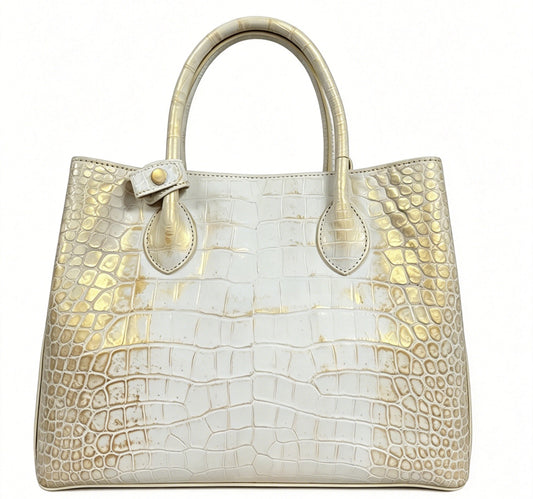 White Genuine Crocodile  Skin Leather Brushed Gold Top Handle Bag For Women