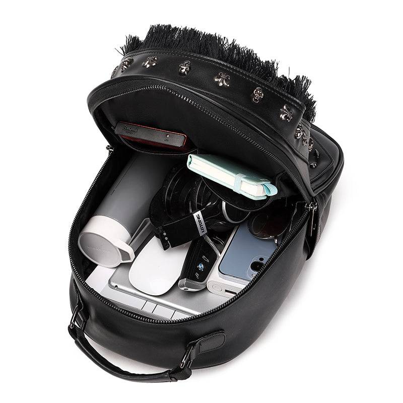 Rossie Viren 3D skull studded messenger bag with hair design, featuring a detailed skull graphic and textured straps.