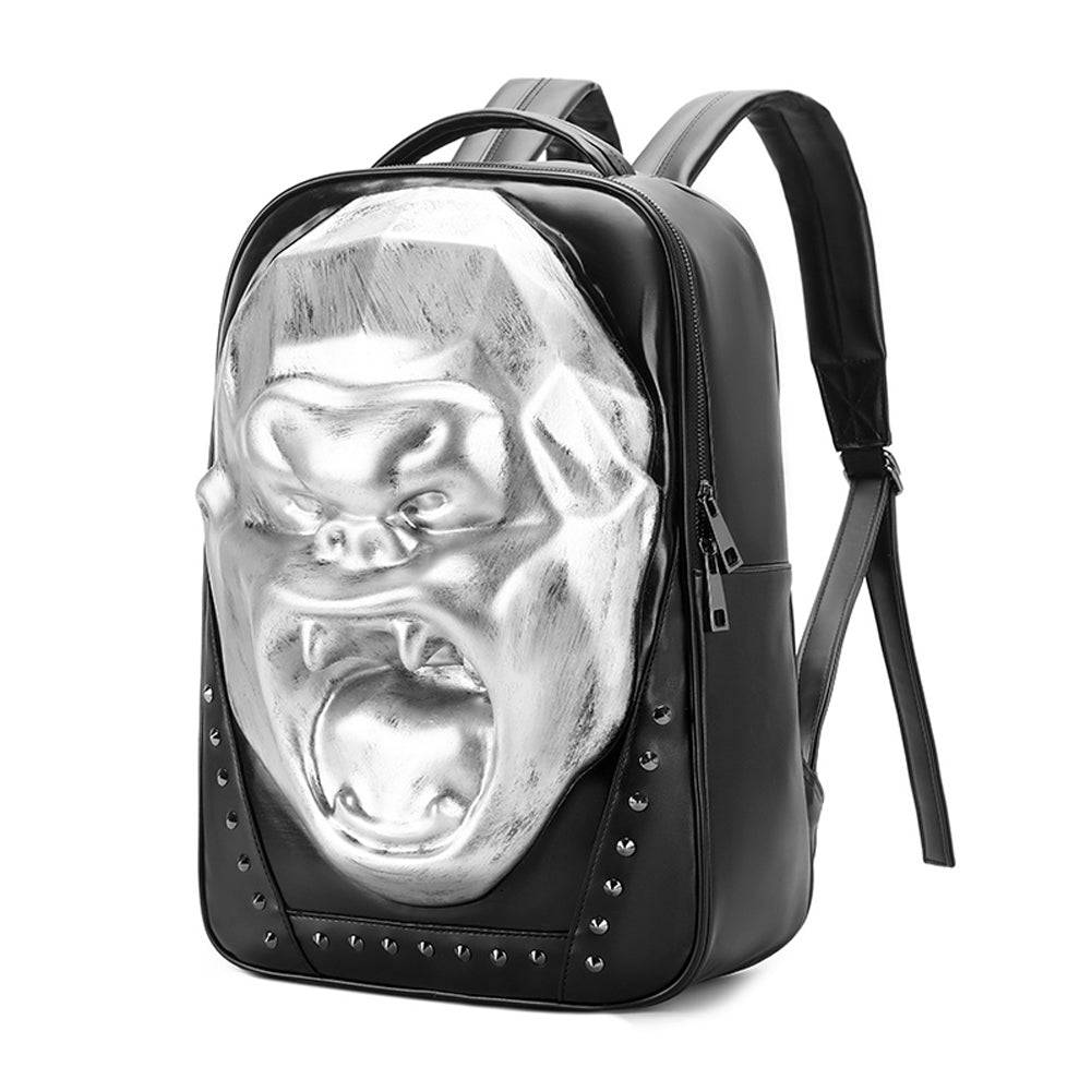 Rossie Viren 3D Skull and King Kong backpack with studs, large capacity laptop backpack, unisex design, bold and edgy style.